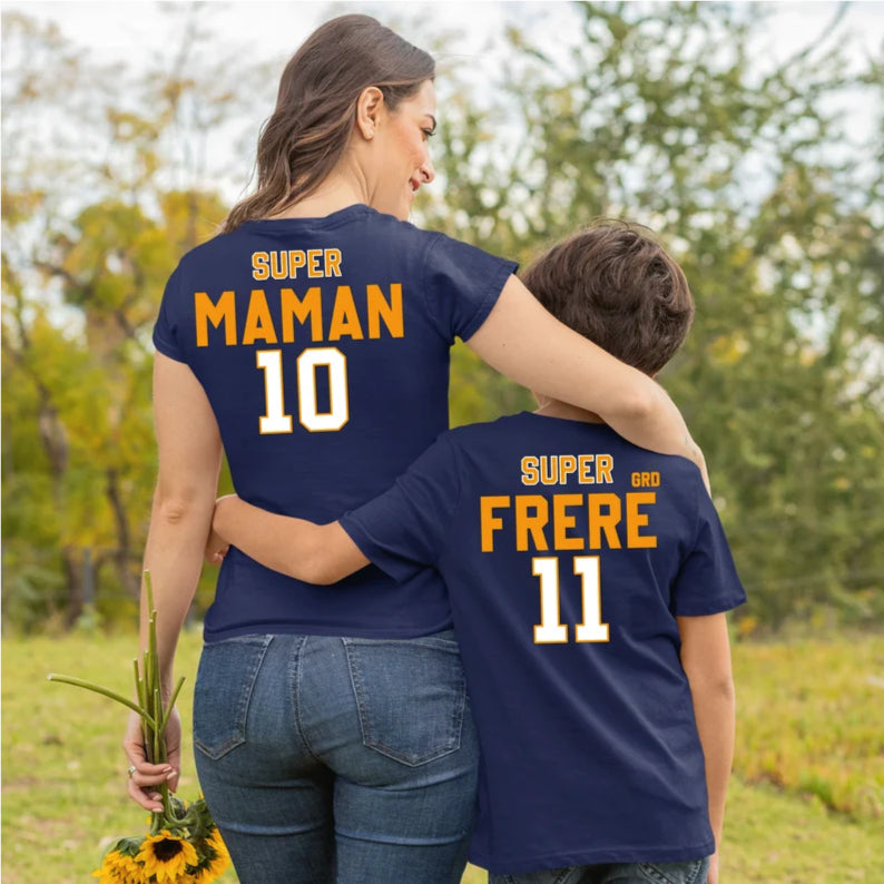 T-shirts complices Super Papa/Maman et Super grand/petit frère