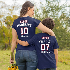 T-shirt Super Parrain/Marraine avec prénom et numéro personnalisés
