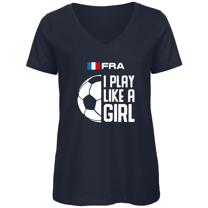 T-shirt biologique col V I play like a girl bleu marine